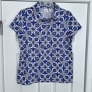 Ladies Juniors Size 1 CHICO'S WEEKENDS Blue & White Floral Button Down Shirt GUC